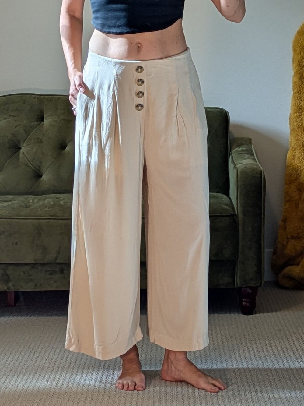 Wide Leg Cropped Trousers Women's Pants Relaxed Fit Casual Elegant Button Front